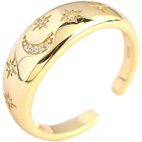 Dome CZ Star Moon 925 Sterling Silver Statement Ring for Women Girls Expandable Adjustable Chunky Wide Open Band Rings Comfort Fit JewelryGold Plated