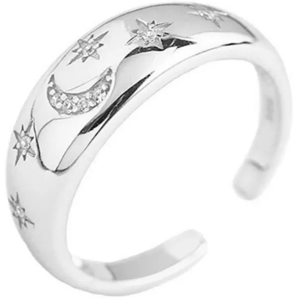 Dome CZ Star Moon 925 Sterling Silver Statement Ring for Women Girls Expandable Adjustable Chunky Wide Open Band Rings Comfort Fit JewelrySilver
