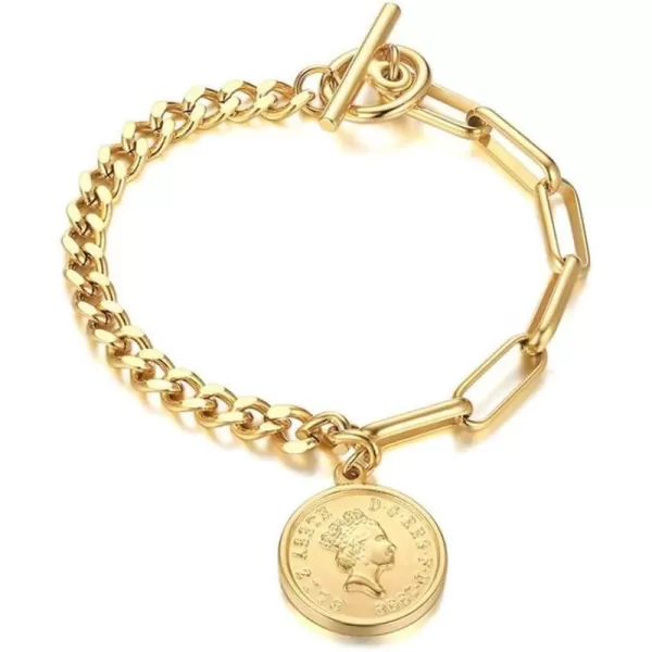 Fashion Link Charm Coin Bracelet for Women Girls Stainless Steel Asymmetrical Toggle Chain Queen Elizabeth Goddess Worship Celebrity Medallion Keepsake Dainty Jewelry Gifts 14k Gold PlatedFashion Link Charm Coin Bracelet for Women Girls Stainless Steel Asymmetrical Toggle Chain Queen Elizabeth Goddess Worship Celebrity Medallion Keepsake Dainty Jewelry Gifts 14k Gold Plated