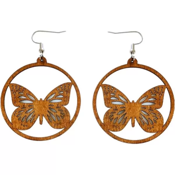 Lightweight Wooden Dangle Drop Earrings for Women Girls Retro African Boho Ethnic Geometric Cross Animal Shell Filigree Wood Ear Piercing JewelryButterfly