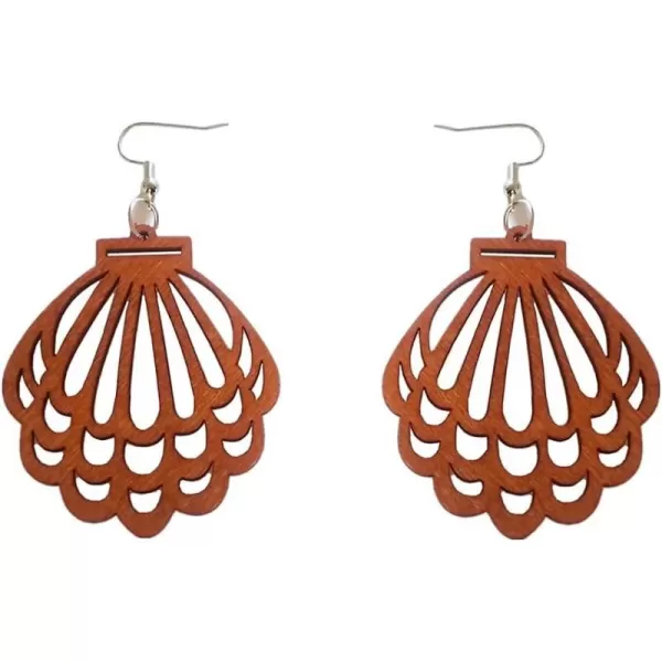 Lightweight Wooden Dangle Drop Earrings for Women Girls Retro African Boho Ethnic Geometric Cross Animal Shell Filigree Wood Ear Piercing JewelryScallop