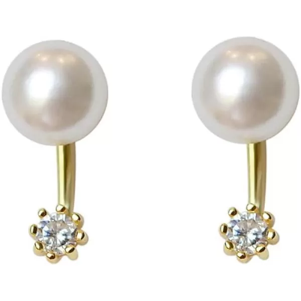Round CZ Ear Jacket Pearl Ball Stud Earrings for Women Girls Sterling Silver Tiny Small Crystal Drop Imitated White Pearl Front Back Cuff Studs Tragus Post Pin Minimalist Cute JewelryGold