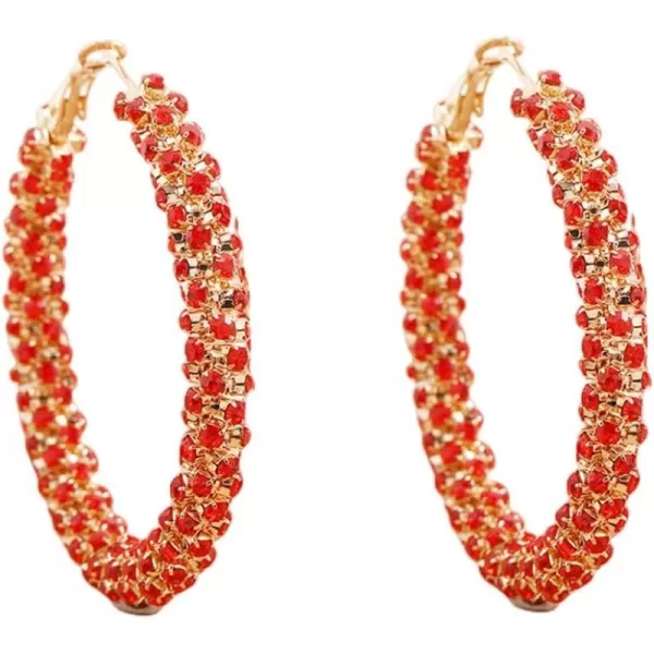 Shiny Big Hoop Earrings for Women Girls Boho Rhinestone Wrapped Hoops Dangle Huggie Earring Lightweight Comfortable Sparkle Wedding Christmas Birthday Jewelry Gifts 50mmRed CZ