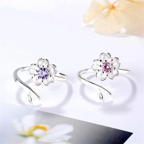 CZ Flower 925 Silver Plated Engagement Open Band Ring for Women Girls Birthstones Statement Adjustable Cherry Blossom Leaf Finger Rings Comfort Fit Boho Birthday Wedding JewelryPink Diamond