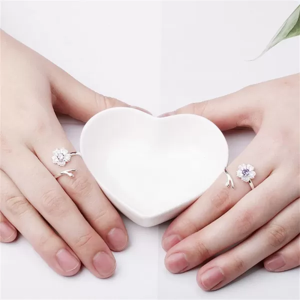 CZ Flower 925 Silver Plated Engagement Open Band Ring for Women Girls Birthstones Statement Adjustable Cherry Blossom Leaf Finger Rings Comfort Fit Boho Birthday Wedding JewelryPink Diamond