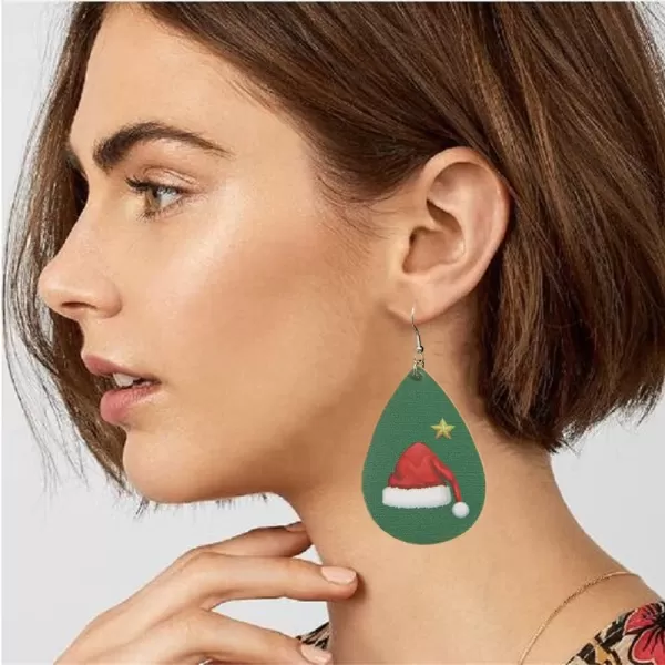 Leather Teardrop Christmas Tree Earrings for Women Girls Multiple Lightweight Big Statement Dangle Drop Hook Stud Nickle Free Jewelry Gifts Christmas New Year HolidayStar amp Hat