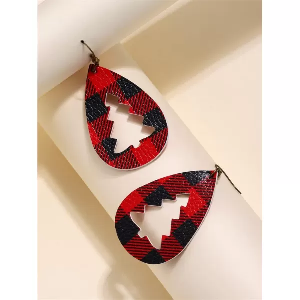 Leather Teardrop Christmas Tree Earrings for Women Girls Multiple Lightweight Big Statement Dangle Drop Hook Stud Nickle Free Jewelry Gifts Christmas New Year HolidayHollow Plaid