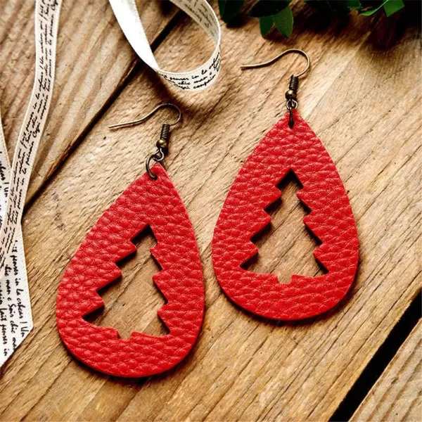 Leather Teardrop Christmas Tree Earrings for Women Girls Multiple Lightweight Big Statement Dangle Drop Hook Stud Nickle Free Jewelry Gifts Christmas New Year HolidayHollow Red