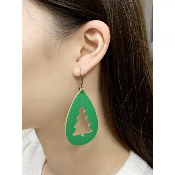 Leather Teardrop Christmas Tree Earrings for Women Girls Multiple Lightweight Big Statement Dangle Drop Hook Stud Nickle Free Jewelry Gifts Christmas New Year HolidayHollow Green