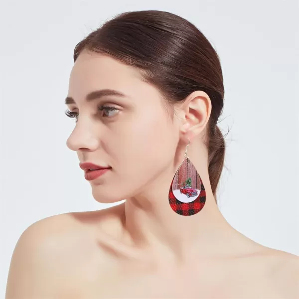 Leather Teardrop Christmas Tree Earrings for Women Girls Multiple Lightweight Big Statement Dangle Drop Hook Stud Nickle Free Jewelry Gifts Christmas New Year HolidayPickup Truck Red