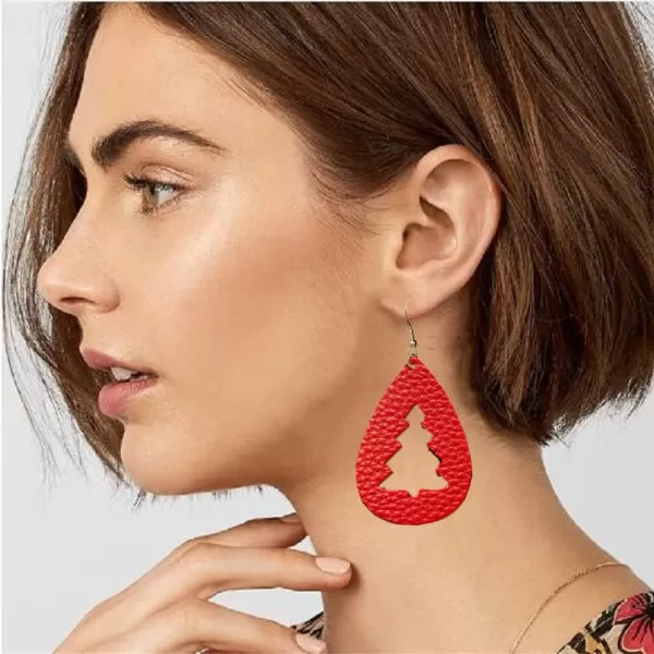 Leather Teardrop Christmas Tree Earrings for Women Girls Multiple Lightweight Big Statement Dangle Drop Hook Stud Nickle Free Jewelry Gifts Christmas New Year HolidayHollow Red