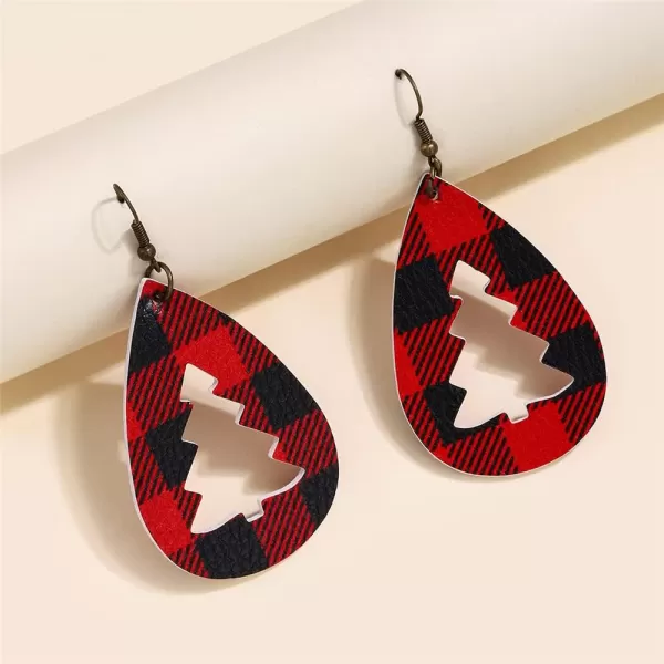 Leather Teardrop Christmas Tree Earrings for Women Girls Multiple Lightweight Big Statement Dangle Drop Hook Stud Nickle Free Jewelry Gifts Christmas New Year HolidayHollow Plaid