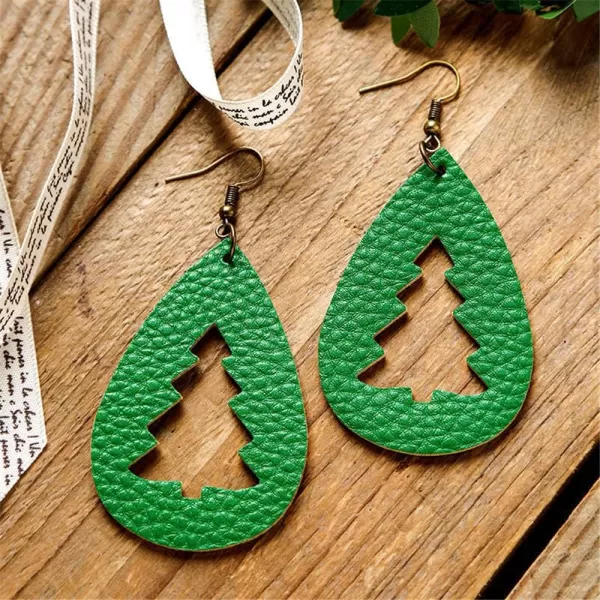 Leather Teardrop Christmas Tree Earrings for Women Girls Multiple Lightweight Big Statement Dangle Drop Hook Stud Nickle Free Jewelry Gifts Christmas New Year HolidayHollow Green
