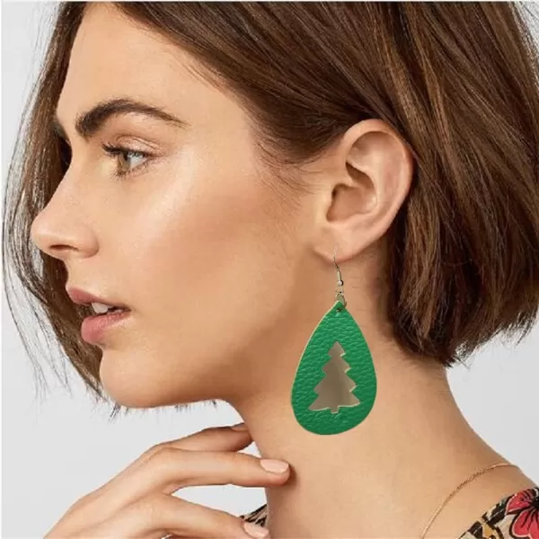 Leather Teardrop Christmas Tree Earrings for Women Girls Multiple Lightweight Big Statement Dangle Drop Hook Stud Nickle Free Jewelry Gifts Christmas New Year HolidayHollow Green