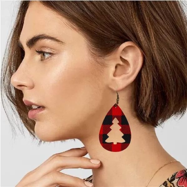 Leather Teardrop Christmas Tree Earrings for Women Girls Multiple Lightweight Big Statement Dangle Drop Hook Stud Nickle Free Jewelry Gifts Christmas New Year HolidayHollow Plaid