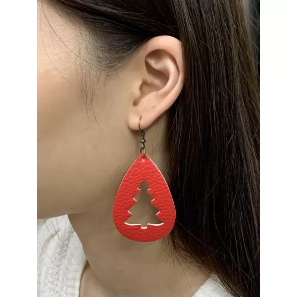Leather Teardrop Christmas Tree Earrings for Women Girls Multiple Lightweight Big Statement Dangle Drop Hook Stud Nickle Free Jewelry Gifts Christmas New Year HolidayHollow Red
