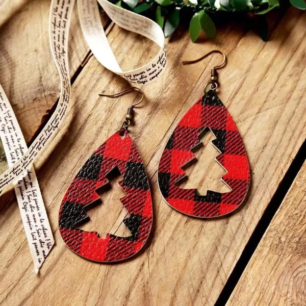 Leather Teardrop Christmas Tree Earrings for Women Girls Multiple Lightweight Big Statement Dangle Drop Hook Stud Nickle Free Jewelry Gifts Christmas New Year HolidayHollow Plaid