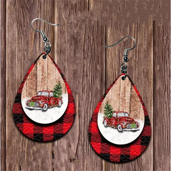 Leather Teardrop Christmas Tree Earrings for Women Girls Multiple Lightweight Big Statement Dangle Drop Hook Stud Nickle Free Jewelry Gifts Christmas New Year HolidayPickup Truck Red