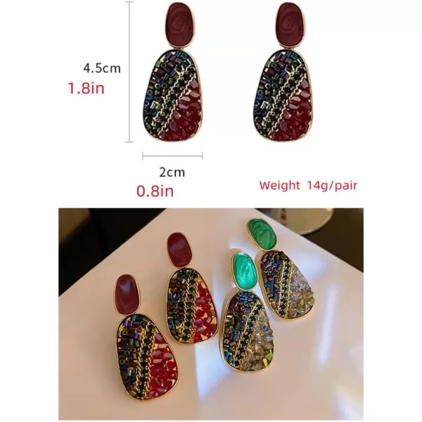 Vintage Boho Crystal Drop Dangle Earrings for Women Girls 925 Sterling Silver Post Pin Hypoallrgenic Geometric Acrylic Rhinestone Charms Dangling Lightweight Retro Jewelry Gifts Christmas HolidayRed
