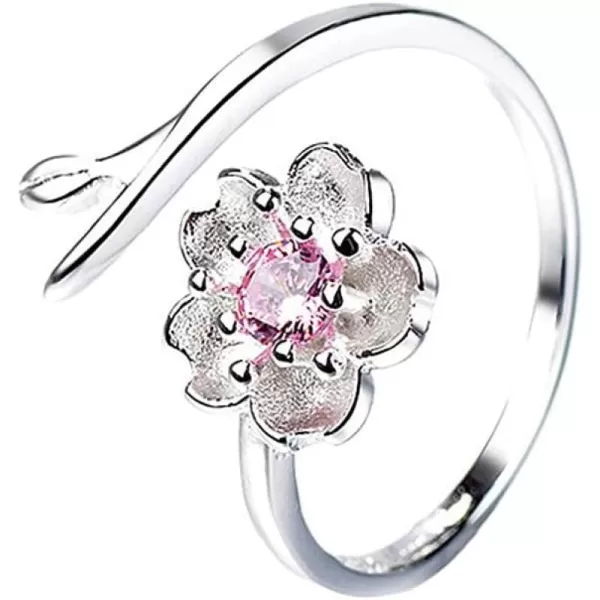 CZ Flower 925 Silver Plated Engagement Open Band Ring for Women Girls Birthstones Statement Adjustable Cherry Blossom Leaf Finger Rings Comfort Fit Boho Birthday Wedding JewelryPink Diamond