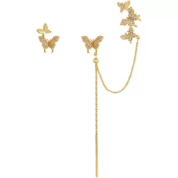 CZ Gold Butterfly Crawler Cuffs Studs Earrings for Women Girls S925 Sterling Silver Post Stud Cubic Zirconia Tassel Chain Drop Bar Dangle Asymmetric Climber Wrap Earring Fashion Dainty Party JewelryCZ Gold Butterfly Crawler Cuffs Studs Earrings for Women Girls S925 Sterling Silver Post Stud Cubic Zirconia Tassel Chain Drop Bar Dangle Asymmetric Climber Wrap Earring Fashion Dainty Party Jewelry