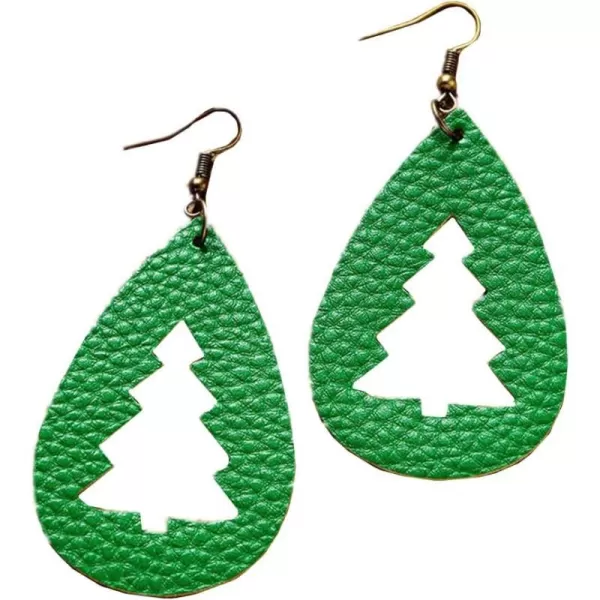 Leather Teardrop Christmas Tree Earrings for Women Girls Multiple Lightweight Big Statement Dangle Drop Hook Stud Nickle Free Jewelry Gifts Christmas New Year HolidayHollow Green