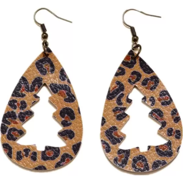 Leather Teardrop Christmas Tree Earrings for Women Girls Multiple Lightweight Big Statement Dangle Drop Hook Stud Nickle Free Jewelry Gifts Christmas New Year HolidayLeopard Print