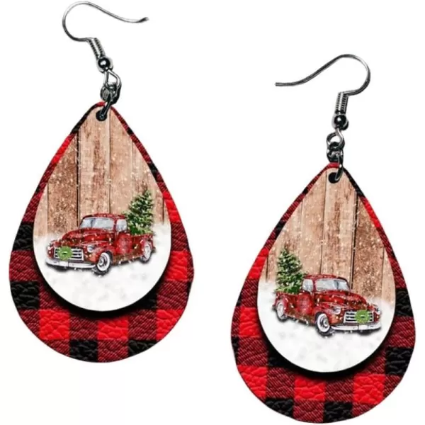 Leather Teardrop Christmas Tree Earrings for Women Girls Multiple Lightweight Big Statement Dangle Drop Hook Stud Nickle Free Jewelry Gifts Christmas New Year HolidayPickup Truck Red