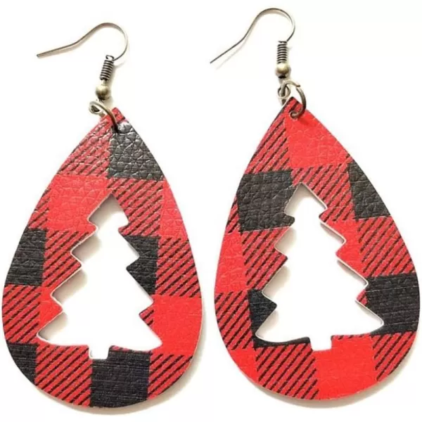 Leather Teardrop Christmas Tree Earrings for Women Girls Multiple Lightweight Big Statement Dangle Drop Hook Stud Nickle Free Jewelry Gifts Christmas New Year HolidayHollow Plaid