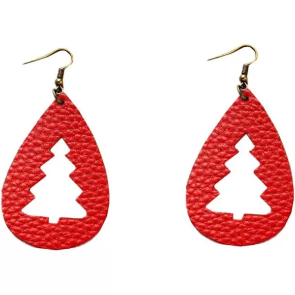Leather Teardrop Christmas Tree Earrings for Women Girls Multiple Lightweight Big Statement Dangle Drop Hook Stud Nickle Free Jewelry Gifts Christmas New Year HolidayHollow Red