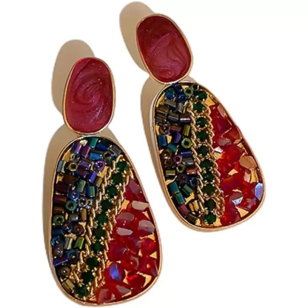 Vintage Boho Crystal Drop Dangle Earrings for Women Girls 925 Sterling Silver Post Pin Hypoallrgenic Geometric Acrylic Rhinestone Charms Dangling Lightweight Retro Jewelry Gifts Christmas HolidayRed