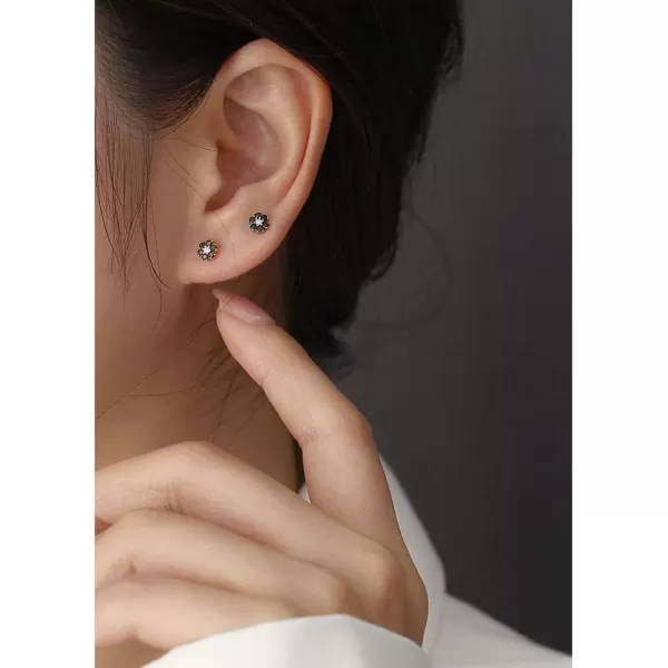 18G Tiny CZ Flower Ball Cartilage Stud Earrings 925 Sterling Silver for Women Girls Hypoallergenic for Sensitive Piercing Ear Cute Small Crystal Snowflake Studs Screw Back Tragus Post Dainty JewelryBlack CZ