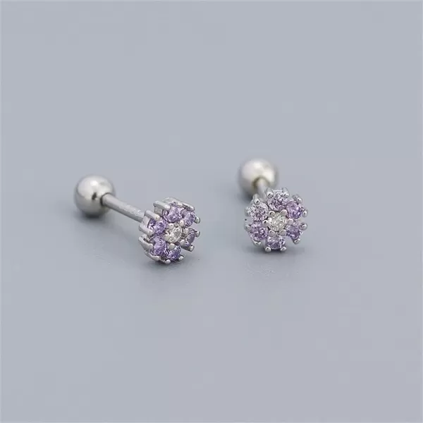 18G Tiny CZ Flower Ball Cartilage Stud Earrings 925 Sterling Silver for Women Girls Hypoallergenic for Sensitive Piercing Ear Cute Small Crystal Snowflake Studs Screw Back Tragus Post Dainty JewelryAmethyst