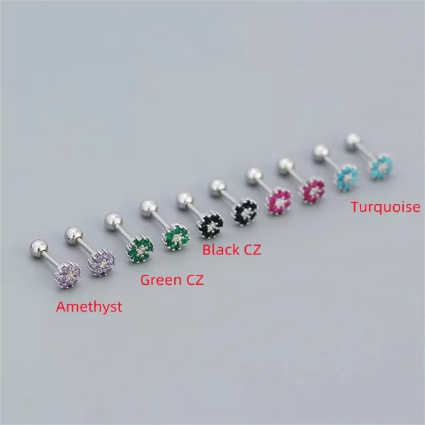 18G Tiny CZ Flower Ball Cartilage Stud Earrings 925 Sterling Silver for Women Girls Hypoallergenic for Sensitive Piercing Ear Cute Small Crystal Snowflake Studs Screw Back Tragus Post Dainty JewelryAmethyst