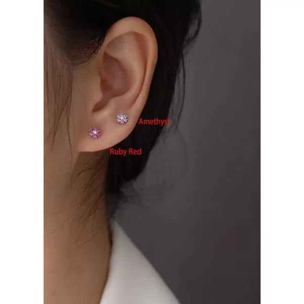 18G Tiny CZ Flower Ball Cartilage Stud Earrings 925 Sterling Silver for Women Girls Hypoallergenic for Sensitive Piercing Ear Cute Small Crystal Snowflake Studs Screw Back Tragus Post Dainty JewelryAmethyst