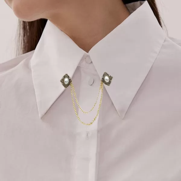 Antique Collar Clips Brooches Lapel Pins for Women Girls Unisex Vintage Elegant Enameled Flower Imitation Pearl Blue Rhinestone Layered Tassel Chain Drop Dangling Necktie Tie Shawl Scarf Dress Accessories Jewelry Christmas BirthdayPearl