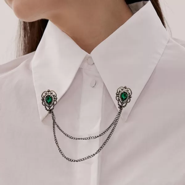 Antique Collar Clips Brooches Lapel Pins for Women Girls Unisex Vintage Elegant Enameled Flower Imitation Pearl Blue Rhinestone Layered Tassel Chain Drop Dangling Necktie Tie Shawl Scarf Dress Accessories Jewelry Christmas BirthdayGreen Teardrop