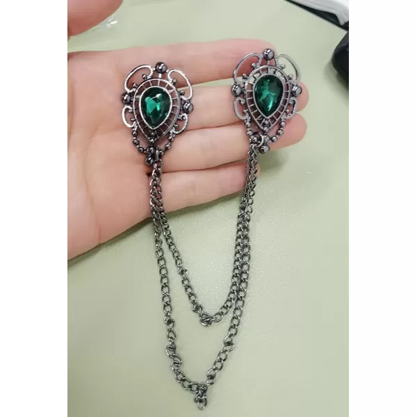Antique Collar Clips Brooches Lapel Pins for Women Girls Unisex Vintage Elegant Enameled Flower Imitation Pearl Blue Rhinestone Layered Tassel Chain Drop Dangling Necktie Tie Shawl Scarf Dress Accessories Jewelry Christmas BirthdayGreen Teardrop
