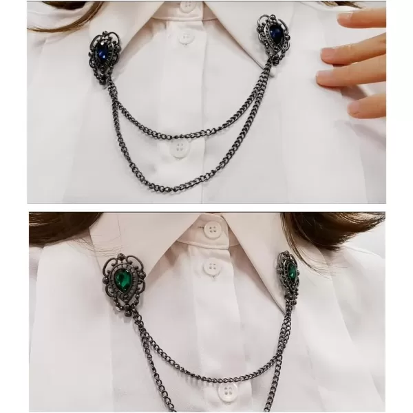 Antique Collar Clips Brooches Lapel Pins for Women Girls Unisex Vintage Elegant Enameled Flower Imitation Pearl Blue Rhinestone Layered Tassel Chain Drop Dangling Necktie Tie Shawl Scarf Dress Accessories Jewelry Christmas BirthdayGreen Teardrop