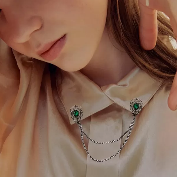 Antique Collar Clips Brooches Lapel Pins for Women Girls Unisex Vintage Elegant Enameled Flower Imitation Pearl Blue Rhinestone Layered Tassel Chain Drop Dangling Necktie Tie Shawl Scarf Dress Accessories Jewelry Christmas BirthdayGreen Teardrop