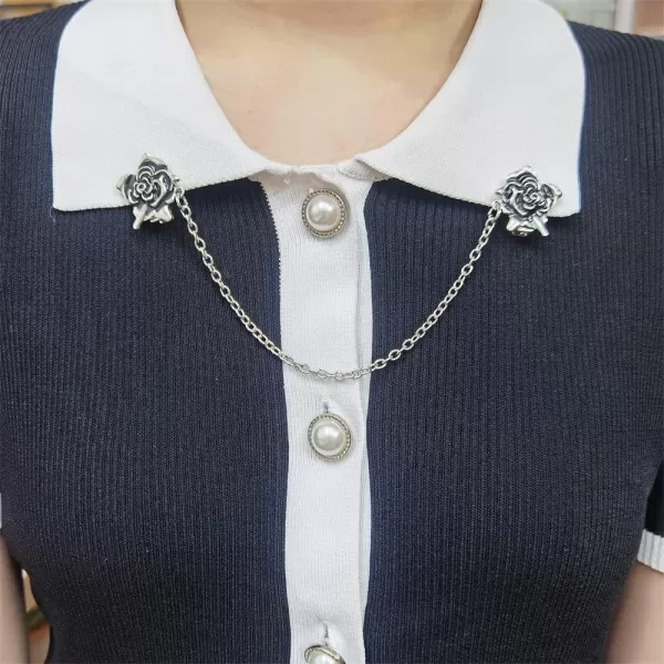 Antique Collar Clips Brooches Lapel Pins for Women Girls Unisex Vintage Elegant Enameled Flower Imitation Pearl Blue Rhinestone Layered Tassel Chain Drop Dangling Necktie Tie Shawl Scarf Dress Accessories Jewelry Christmas BirthdayFlower