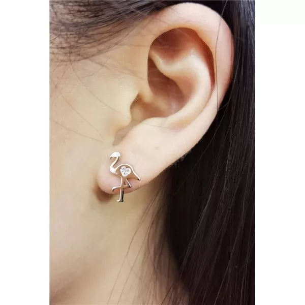 Dainty Flamingo Love Heart Bird Stud Earrings for Women Girls S925 Sterling Silver Cubic Zirconia Small Studs Valentine for Lover for GirlfriendClear