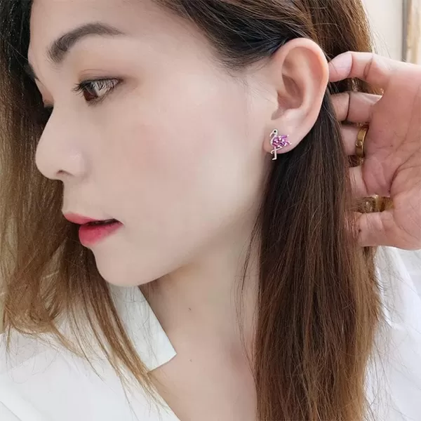 Dainty Flamingo Love Heart Bird Stud Earrings for Women Girls S925 Sterling Silver Cubic Zirconia Small Studs Valentine for Lover for GirlfriendPink