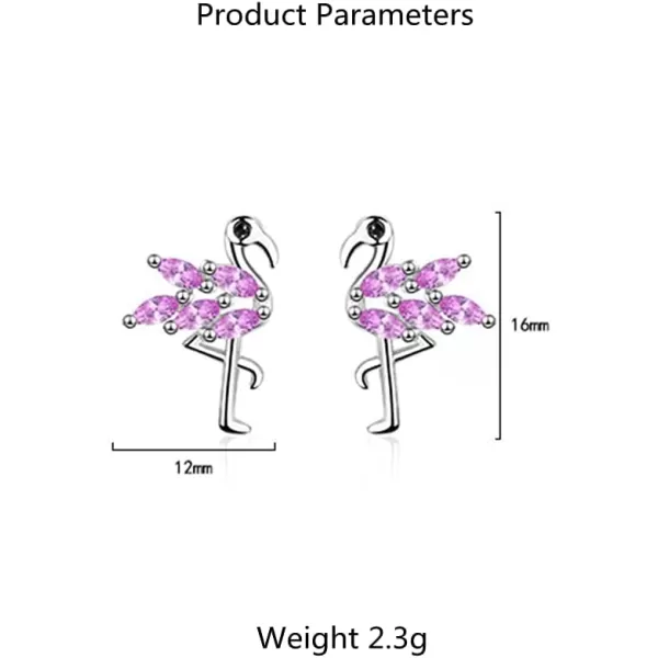 Dainty Flamingo Love Heart Bird Stud Earrings for Women Girls S925 Sterling Silver Cubic Zirconia Small Studs Valentine for Lover for GirlfriendPink