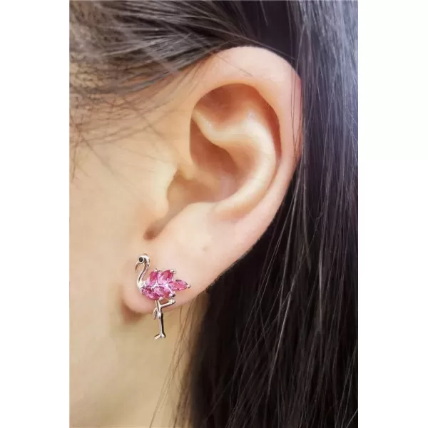 Dainty Flamingo Love Heart Bird Stud Earrings for Women Girls S925 Sterling Silver Cubic Zirconia Small Studs Valentine for Lover for GirlfriendPink