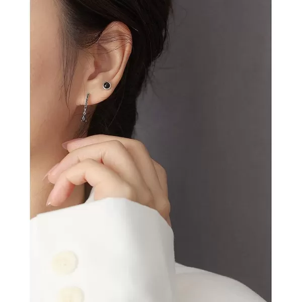 Hypoallergenic Bezel Earrings 925 Sterling Silver White Gold Tiny Small Round Moonstone Turquoise Agate Stud Earring for Women Girls 18G Sensitive Piercing Ear Cartilage Tragus Post Minimalist Birthstone JewelryBlack Agate