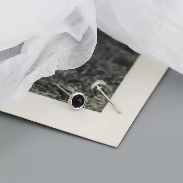 Hypoallergenic Bezel Earrings 925 Sterling Silver White Gold Tiny Small Round Moonstone Turquoise Agate Stud Earring for Women Girls 18G Sensitive Piercing Ear Cartilage Tragus Post Minimalist Birthstone JewelryBlack Agate