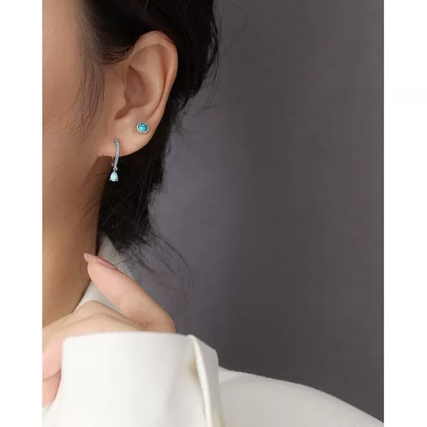 Hypoallergenic Bezel Earrings 925 Sterling Silver White Gold Tiny Small Round Moonstone Turquoise Agate Stud Earring for Women Girls 18G Sensitive Piercing Ear Cartilage Tragus Post Minimalist Birthstone JewelryTurquoise