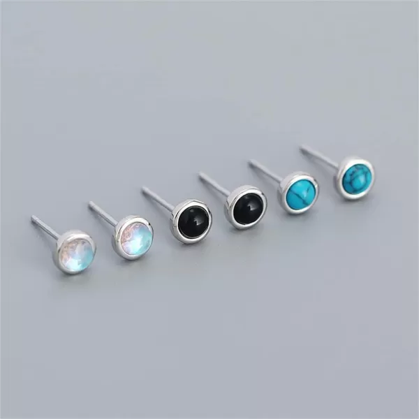 Hypoallergenic Bezel Earrings 925 Sterling Silver White Gold Tiny Small Round Moonstone Turquoise Agate Stud Earring for Women Girls 18G Sensitive Piercing Ear Cartilage Tragus Post Minimalist Birthstone JewelryMoon Stone