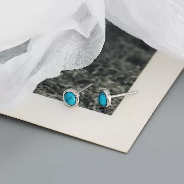 Hypoallergenic Bezel Earrings 925 Sterling Silver White Gold Tiny Small Round Moonstone Turquoise Agate Stud Earring for Women Girls 18G Sensitive Piercing Ear Cartilage Tragus Post Minimalist Birthstone JewelryTurquoise
